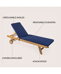 Jonathan Y Mallorca Modern Classic Foldable Adjustable Wood Chaise Outdoor Lounge Chair with Cushion & Wheels