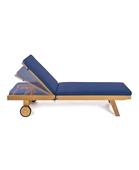 Jonathan Y Mallorca Modern Classic Foldable Adjustable Wood Chaise Outdoor Lounge Chair with Cushion & Wheels