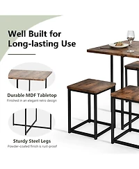 5 Pieces Metal Frame Dining Set with Compact Table and 4 Stools -Walnut