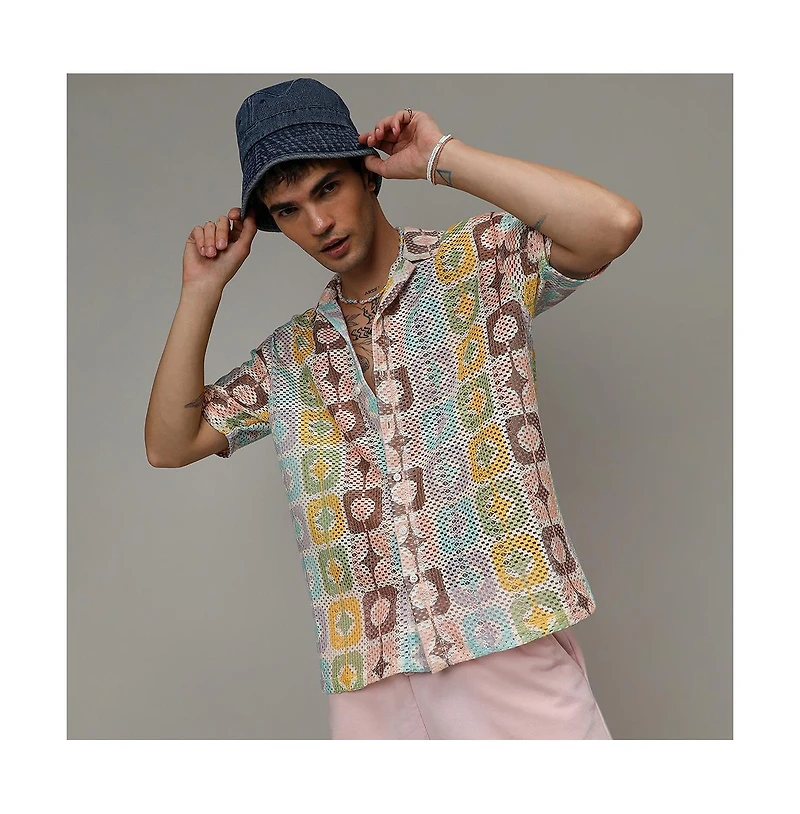 Men's Lemon Yellow & Chocolate Brown Geometric Block Oversized Shirt