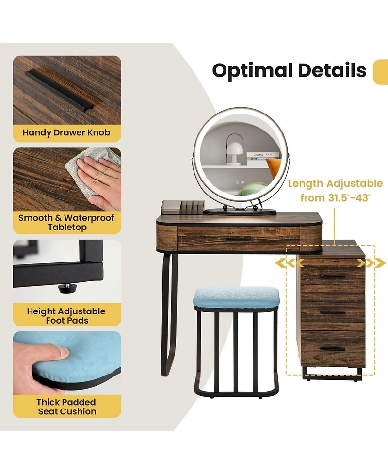 Sugift Vanity Table Set with 3-Color Lighted Mirror and Charging Station