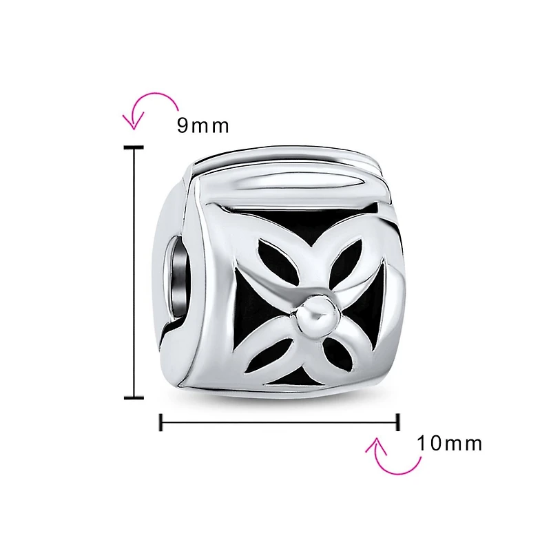 Bling Jewelry Floral Daisy Spacer Stopper Barrel Bead Charm Oxidized Sterling Silver Snap Clasp Fits European Bracelet