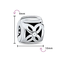 Bling Jewelry Floral Daisy Spacer Stopper Barrel Bead Charm Oxidized Sterling Silver Snap Clasp Fits European Bracelet