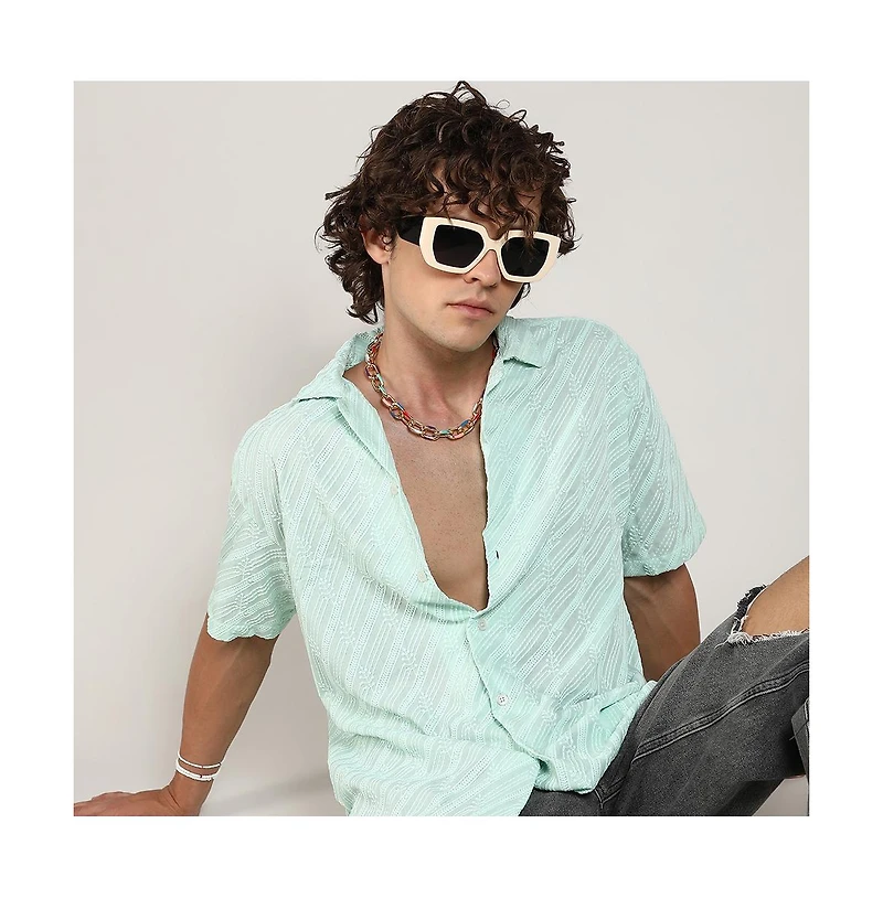 Men's Mint Green Embroidered Striped Shirt