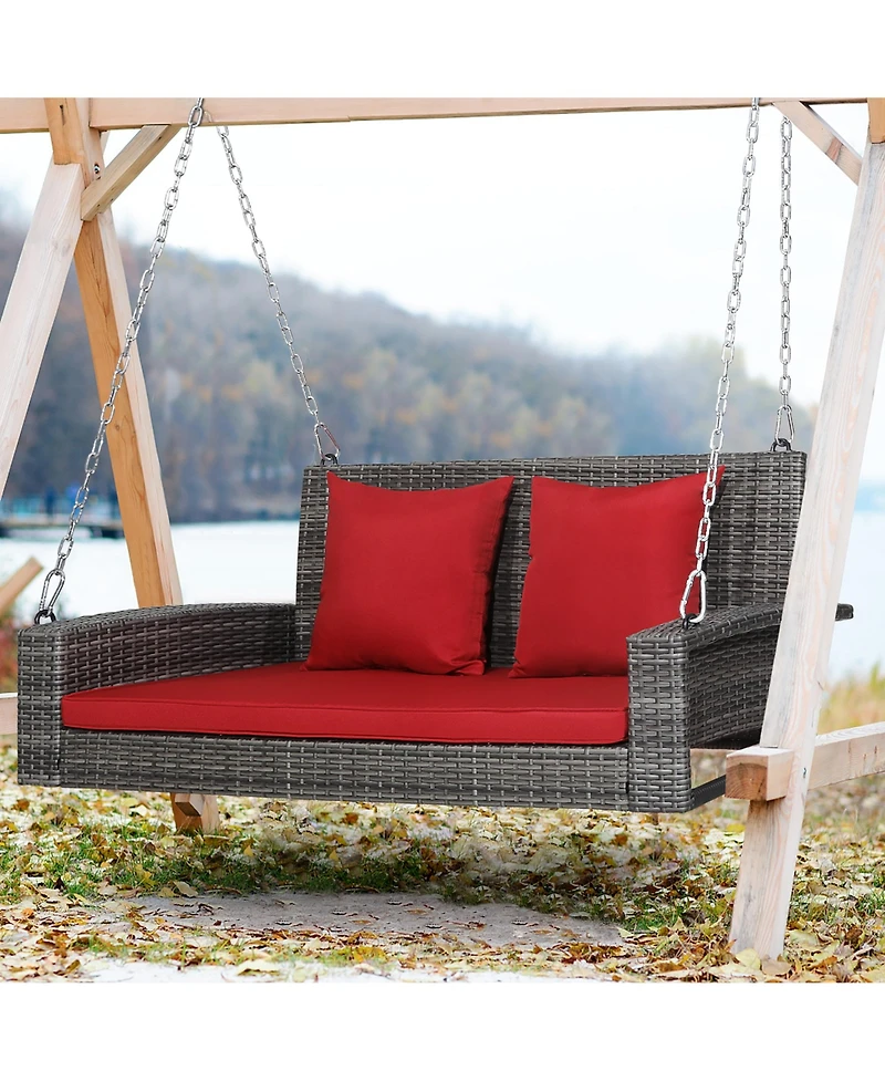 2-Person Patio Pe Wicker Hanging Porch Swing Bench Chair Cushion 800lbs
