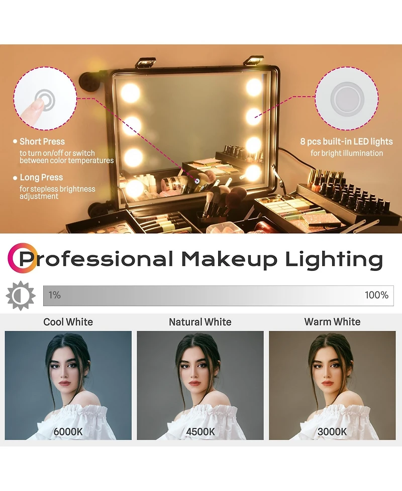 Byootique Rolling Makeup Case 24 Inch Led Lighted Mirror Cosmetic Travel Trolley