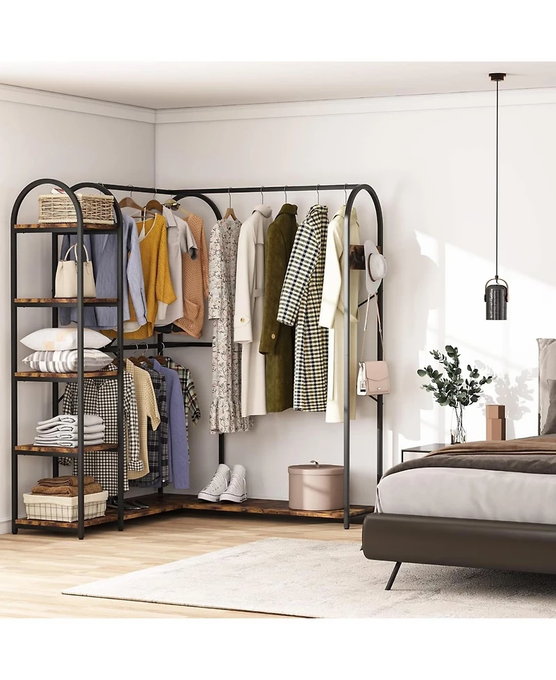 Tribesigns L-Shaped Garment Rack with Shelves, Heavy Duty Corner Clothes Rack with Coat Hooks, Anti-toppling Device, Cloth Hanger Standing Clothing Ra