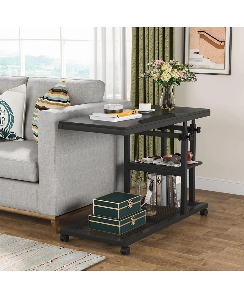 Tribesigns Height Adjustable C Table with Wheels, Mobile Couch Snack Side Tiltable Drawing Board, Sofa Bedside Laptop Stand Shaped Tv Tra