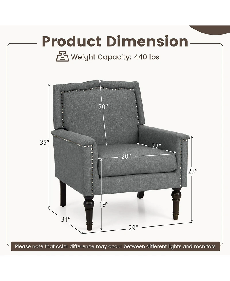 Mid-century Modern Armchair Linen Fabric Upholstered Accent Chair with Cushion-Gray