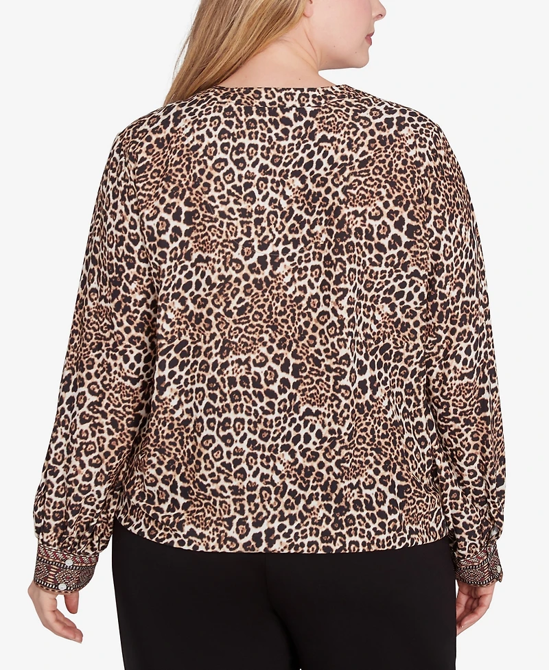 Ruby Rd. Plus Split Neck Embellished Animal Placement Print Tie Front Top