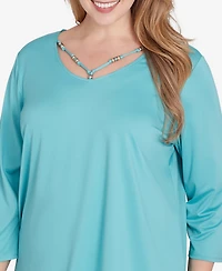 Ruby Rd. Plus Size V-Neck Solid Knit Top with Bead Detail