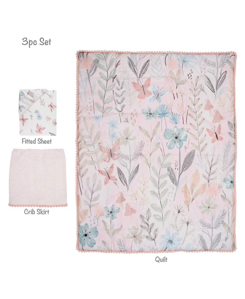 Lambs & Ivy Baby Blooms 3-Piece Pink Floral/Butterfly Baby Crib Bedding Set