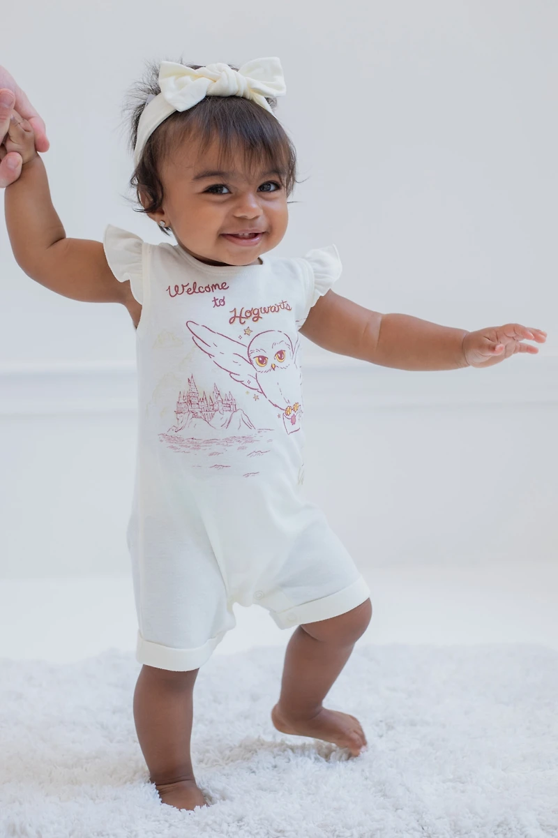 Harry Potter Baby Girls Hedwig Owl French Terry Romper and Headband