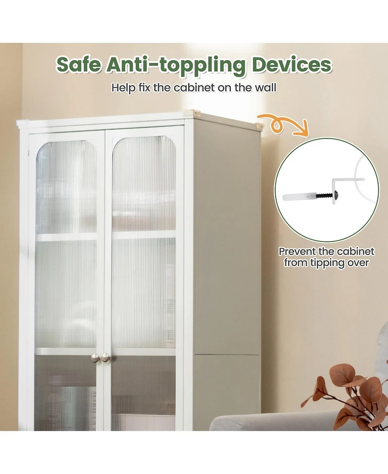 Sugift Glass Doors Storage Cabinet with Wheels and Adjustable Shelves