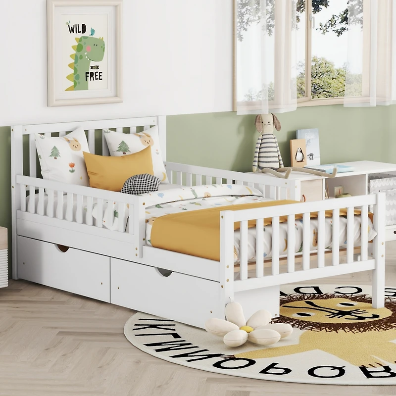 Streamdale Twin Wood Platform Bed with Guardrails and Storage