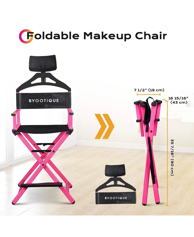 Byootique 28" Height Tall Director Chair Folding Artist Makeup Head Rest Pink