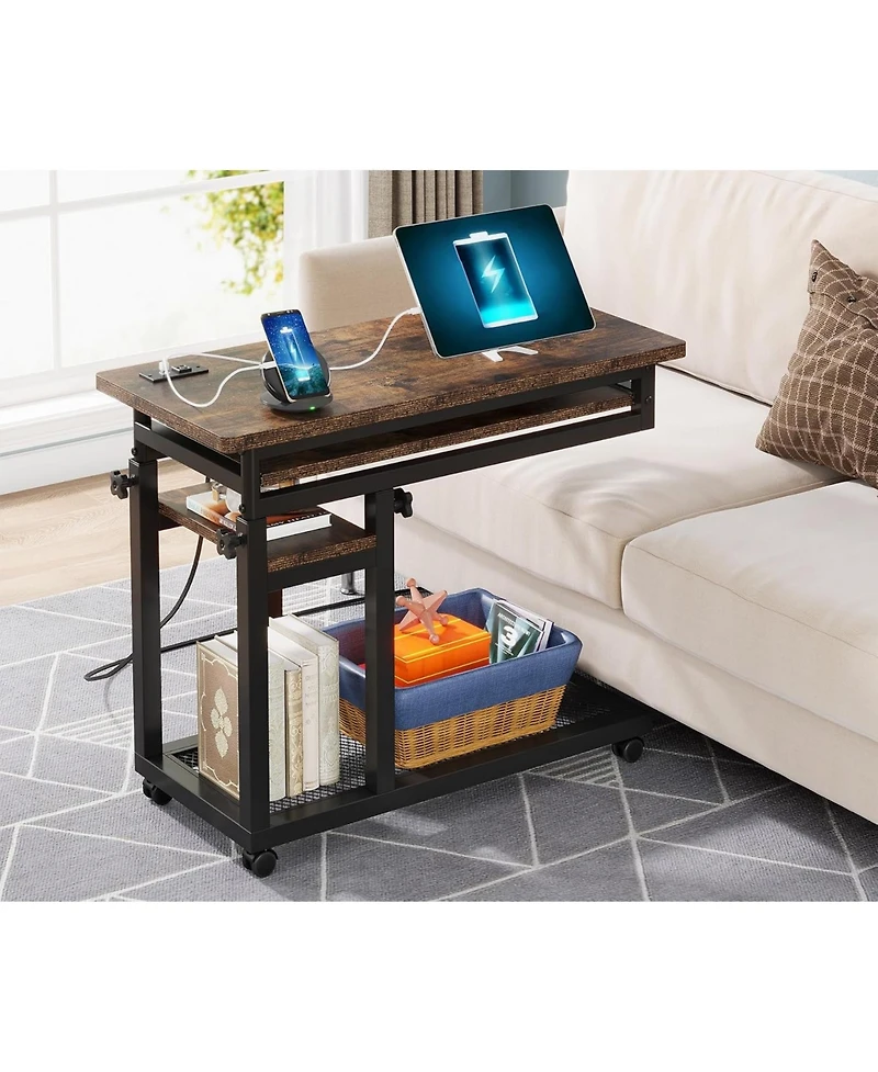 Tribesigns Small Portable Desk with Power Outlet, Height Adjustable Sofa Couch Bedside Laptop Table Wheels, Mobile Standing Rolling Computer