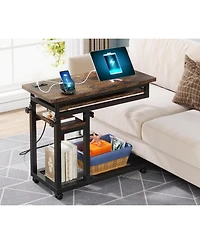 Tribesigns Small Portable Desk with Power Outlet, Height Adjustable Sofa Couch Bedside Laptop Table Wheels, Mobile Standing Rolling Computer