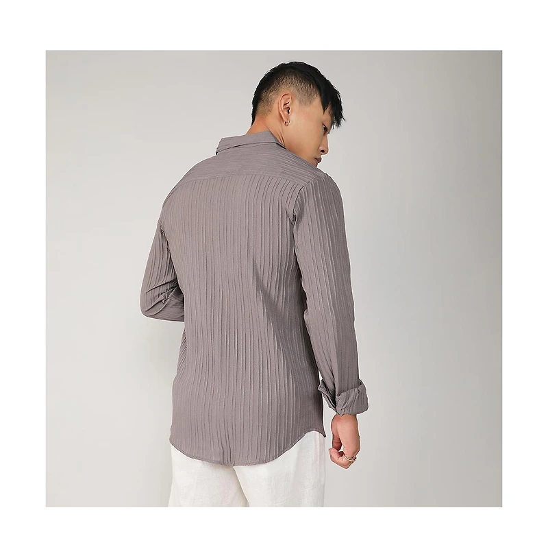 Men's Ash Grey Self-Design Striped Shirt