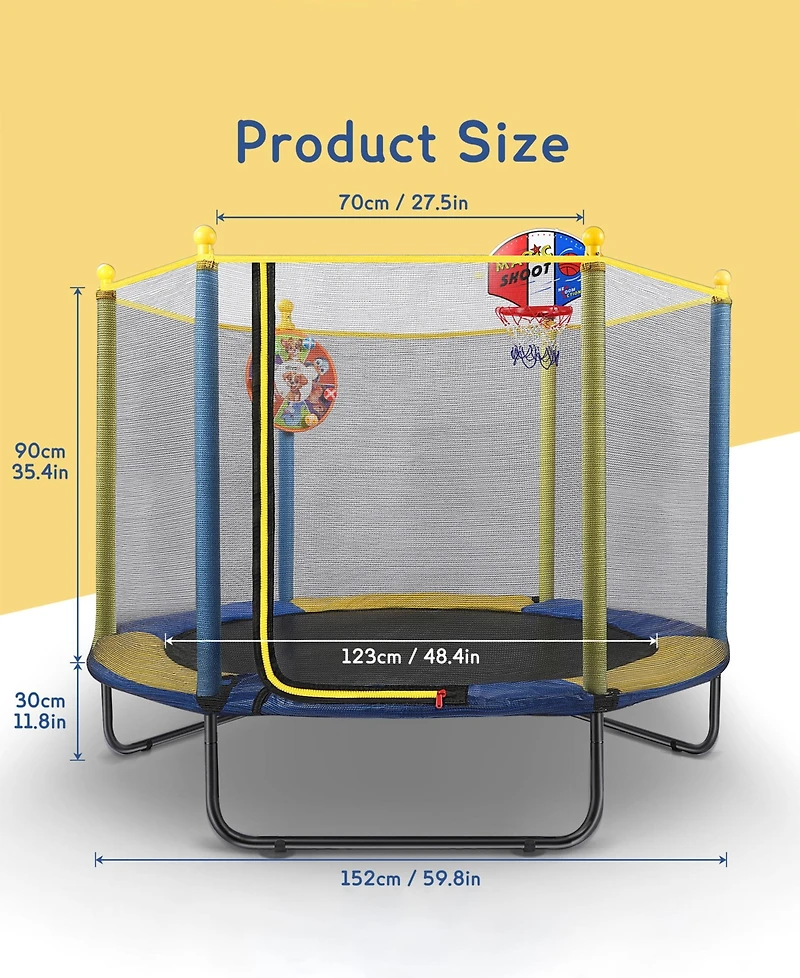 Kids Mini Trampoline with Safety Net and Basketball Hoop for Indoor/Outdoor Use