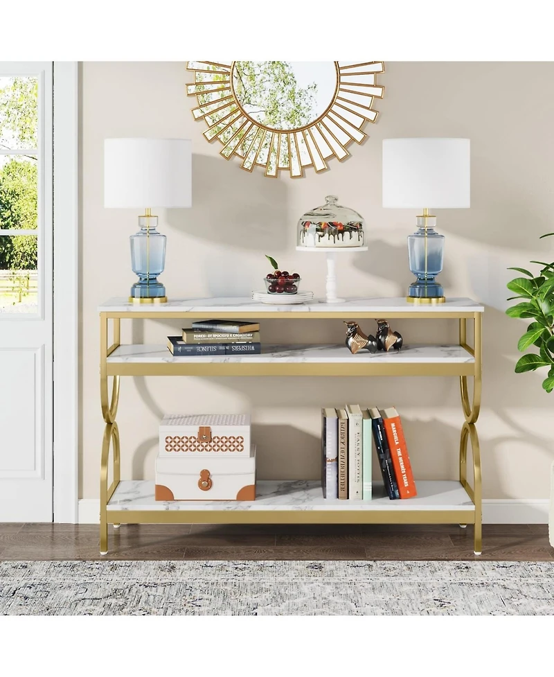 Tribesigns 3-Tier Console Table, 55 inch Sofa Table with Open Storage Shelves, Narrow Long Hallway/Entryway Table with Faux Marble Top, White & Gold