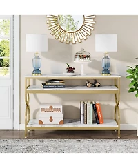 Tribesigns 3-Tier Console Table, 55 inch Sofa Table with Open Storage Shelves, Narrow Long Hallway/Entryway Table with Faux Marble Top, White & Gold