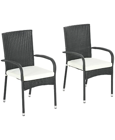 Outsunny 2 Outdoor Dining Chairs w/ Cushion, Patio Wicker,