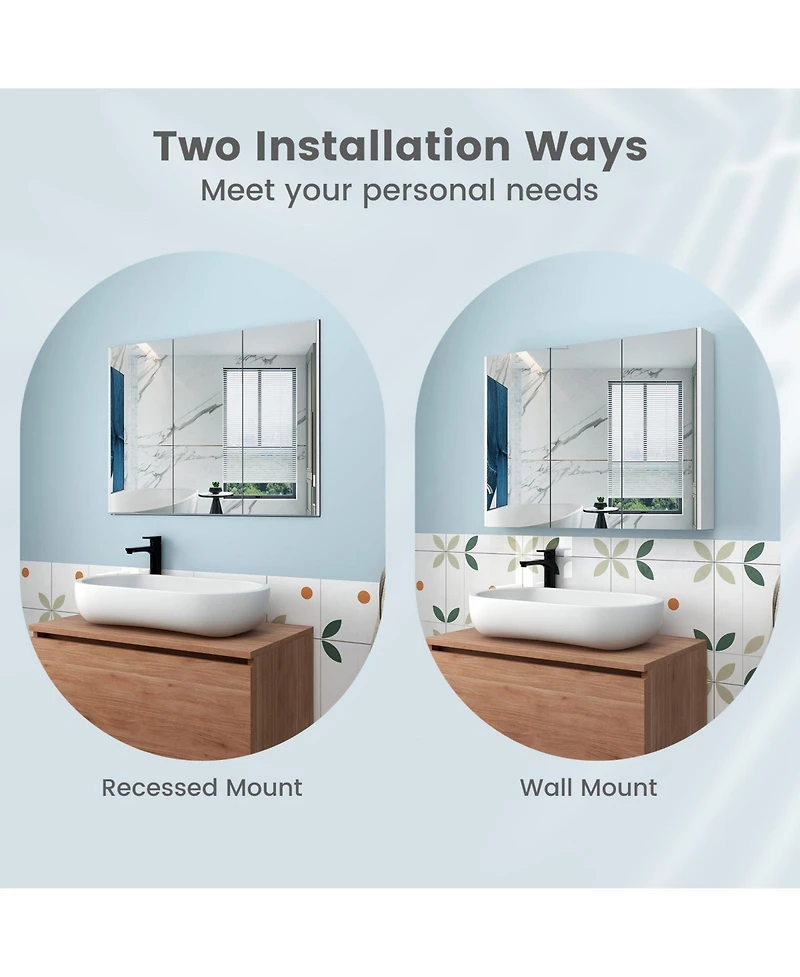 Sugift Frameless Bathroom Wall Mounted Mirror Cabinet with 3 Doors and Adjustable Shelves