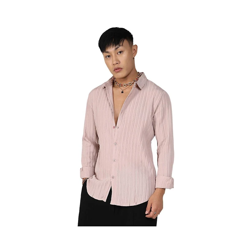 Men's Blush Pink Self-Design Striped Shirt