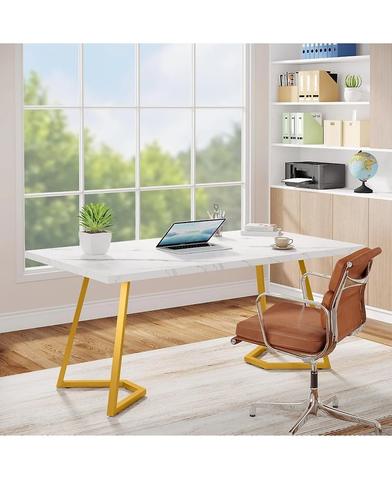Tribesigns Modern Gold Computer Desk: 55 Inches White and Gold Home Office Desk with Metal Legs, Faux Marble Study Writing Table for Small Spaces, Sim