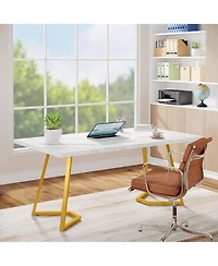 Tribesigns Modern Gold Computer Desk: 55 Inches White and Gold Home Office Desk with Metal Legs, Faux Marble Study Writing Table for Small Spaces, Sim