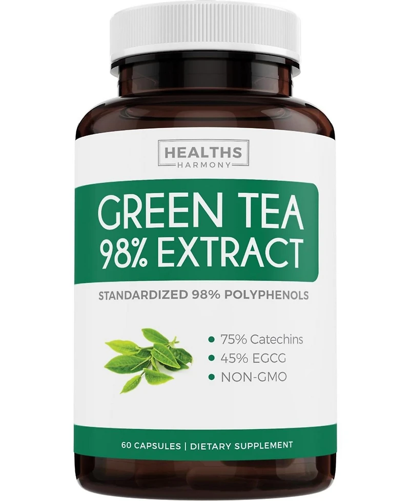 Green Tea Extract Capsules, Natural Metabolism Boost - Leaf Polyphenol Catechins - Antioxidant Supplement, Health's Harmony, 60ct