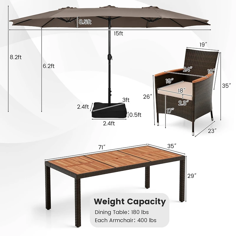 11 Pcs Patio Dining Set with 15ft Double-Sided Umbrella (Base Included)