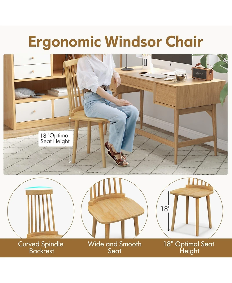 Windsor Dining Chairs Set of 2 with High Spindle Back and Natural Rubber Wood Legs