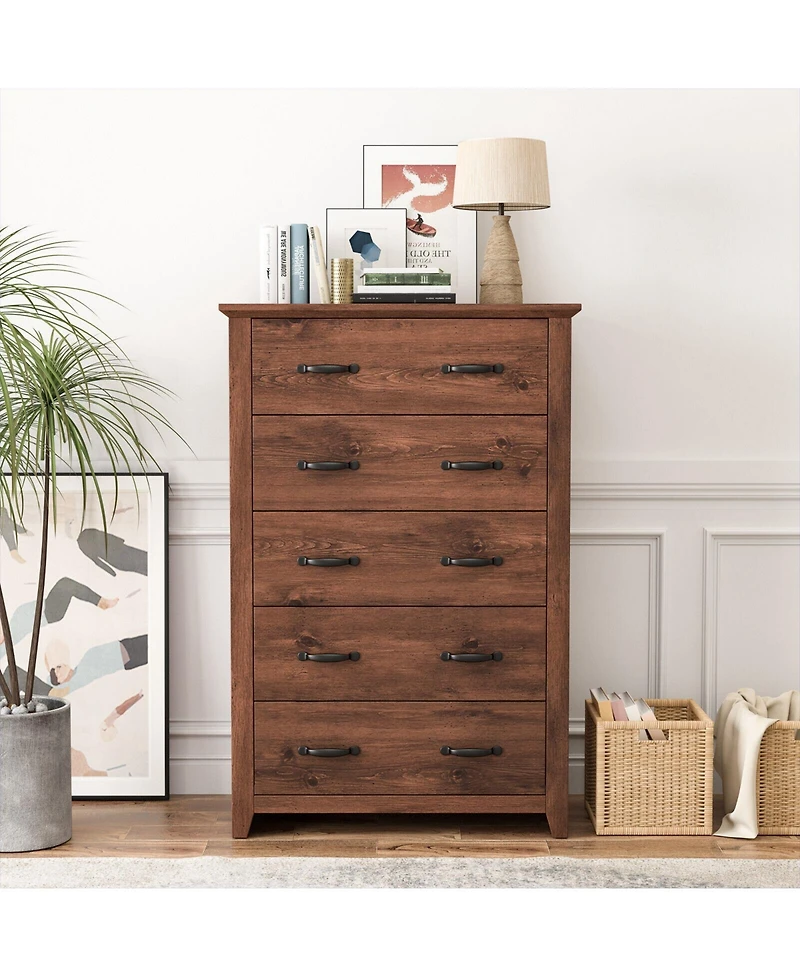 Tall Storage Dresser with 5 Pull-out Drawers for Bedroom Living Room-Walnut