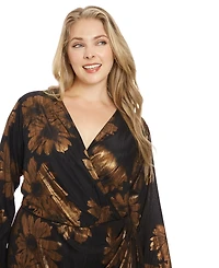 London Times Plus Foil-Flower Faux-Wrap Sheath Dress
