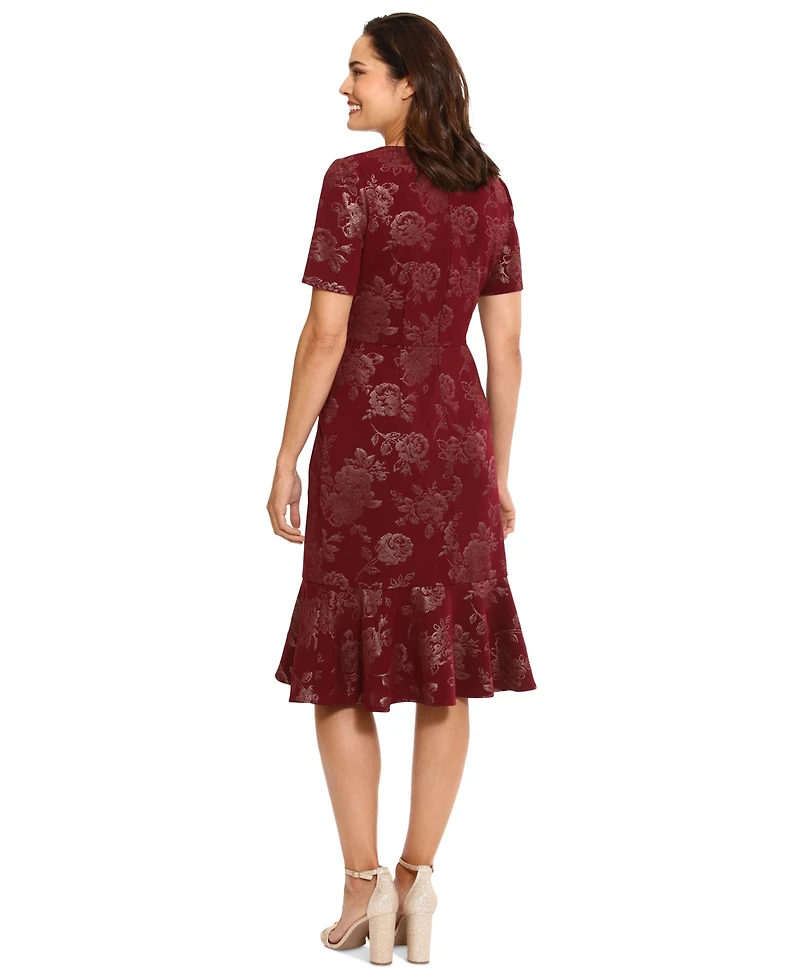 London Times Petite Twist-Waist Flounce-Hem Midi Dress