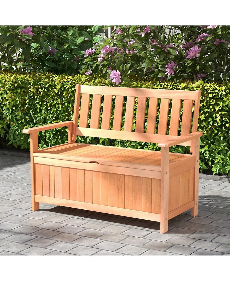 Sugift 48 Inch Patio Wood Storage Bench with Slatted Backrest