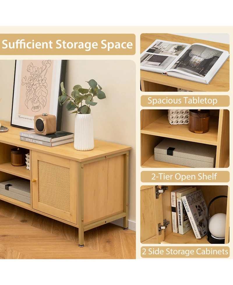 Skonyon Boho Tv Stand for Tv up to 55 Inches with Faux Rattan Door-Natural