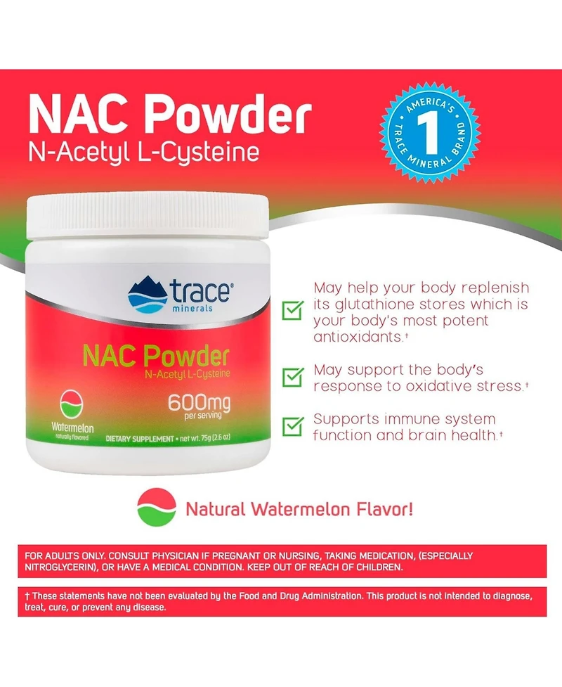 Trace Minerals Nac Powder with N-Acetyl L-Cysteine Amino Acids | 600 mg to Support Immune System and Normally Functioning Liver and Kidneys | Natural