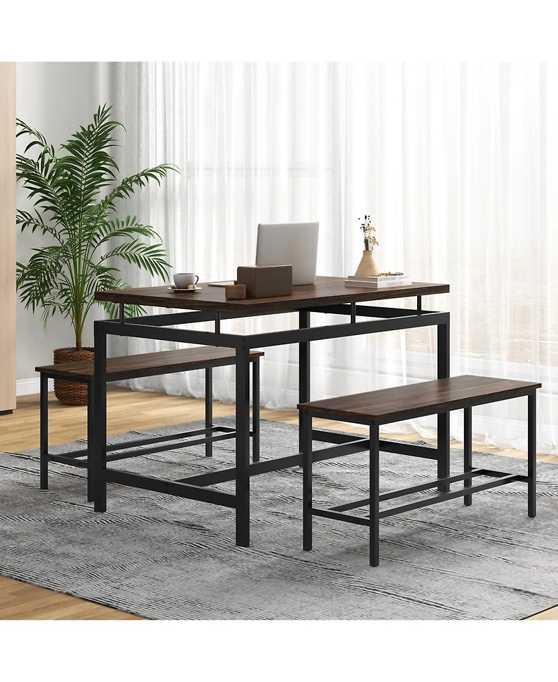 Vebreda 3 Pieces Dining Table Set with Wooden Kitchen Table and 2 Benches-Brown