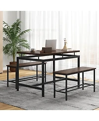 Vebreda 3 Pieces Dining Table Set with Wooden Kitchen Table and 2 Benches-Brown