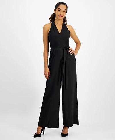 julia jordan Women's Belted Wide-Leg Halter Jumpsuit