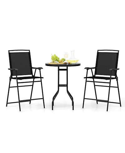 Costway 3 Pcs Outdoor Bar Stool Set with Dpc Tabletop Umbrella Hole & Footrest 2 Chairs