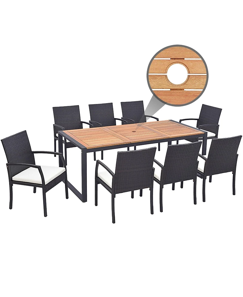 Costway 9 Pieces Patio Rattan Dining Set with Acacia Wood Table