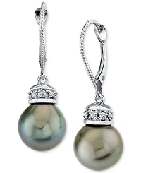 Cultured Tahitian Pearl (11mm) & Diamond Accent Leverback Drop Earrings in 14k White Gold