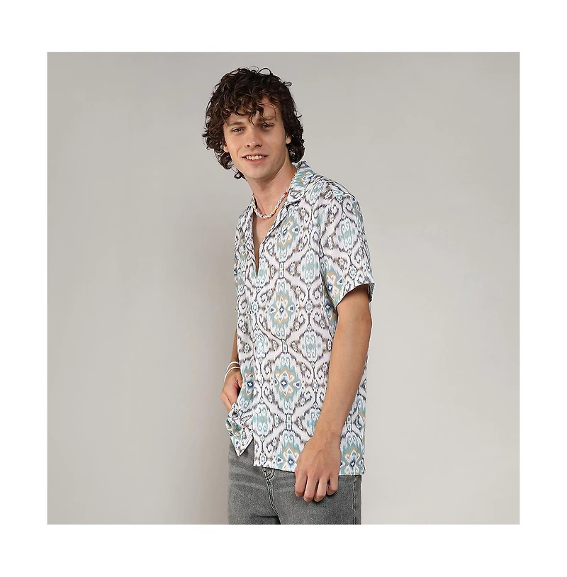 Men's Ivory White & Sage Green Ikkat Shirt