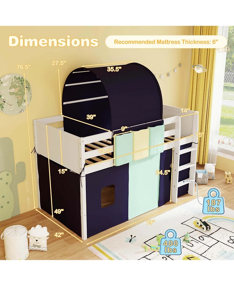 Twin Loft Bed with Tower & Tent 3 Storage Pockets Safety Guardrail and Ladder