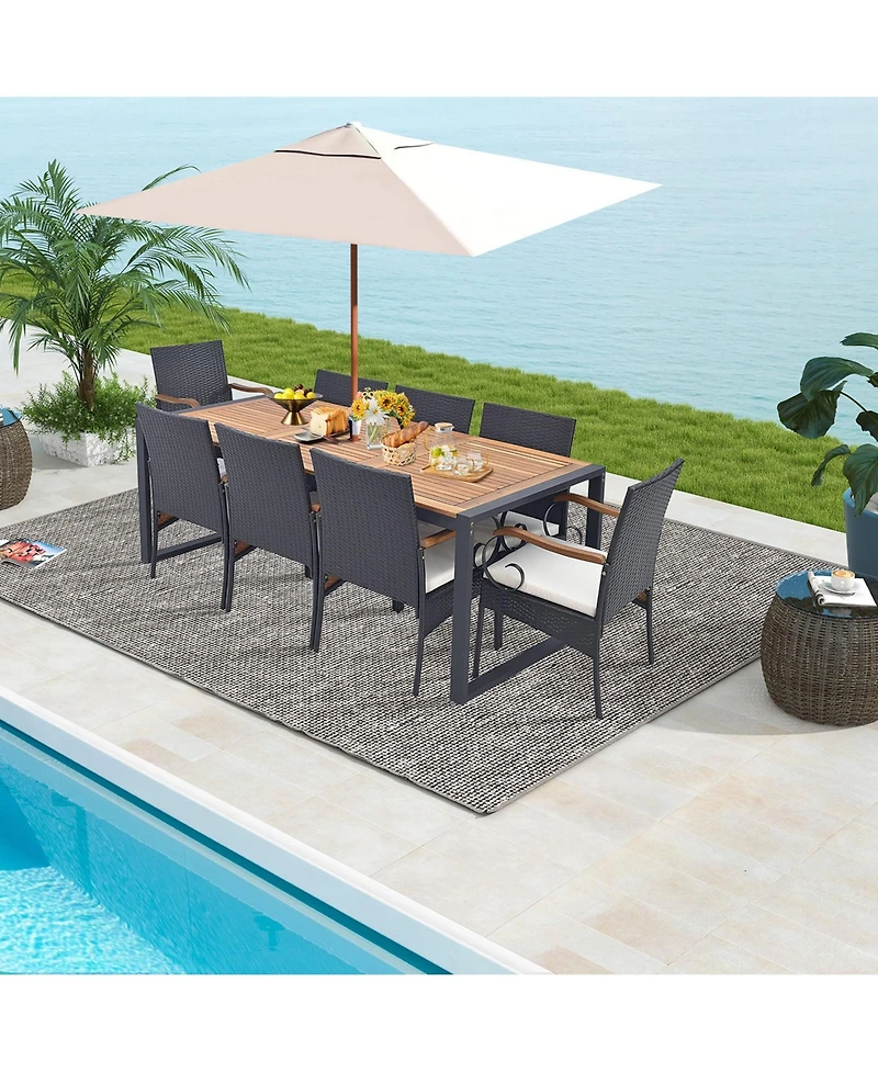 Costway 9 Pieces Patio Rattan Dining Set with Acacia Wood Table, 1.9" Umbrella Hole
