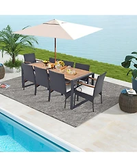Costway 9 Pieces Patio Rattan Dining Set with Acacia Wood Table, 1.9" Umbrella Hole